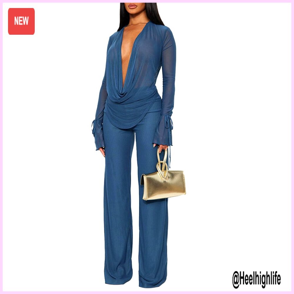 Mesh Deep V Neck Top And Long Pants Set, High Elastic 2 Piece Outfit